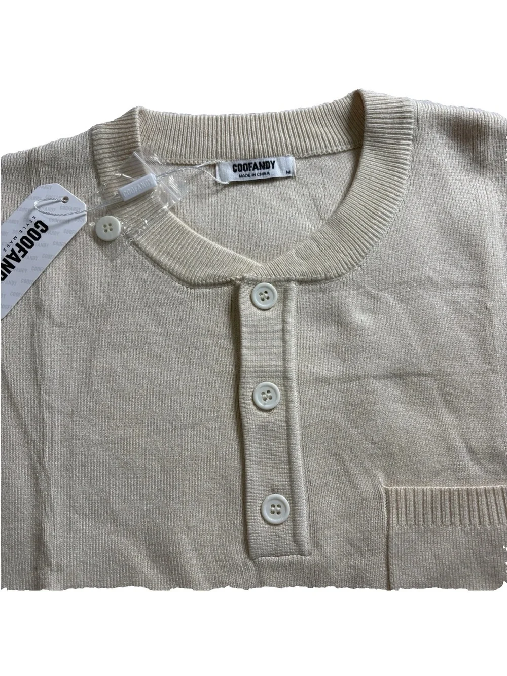Coofandy Sweater Pullover Men M Cream Beige Knit Long Sleeve Crew Neck Button